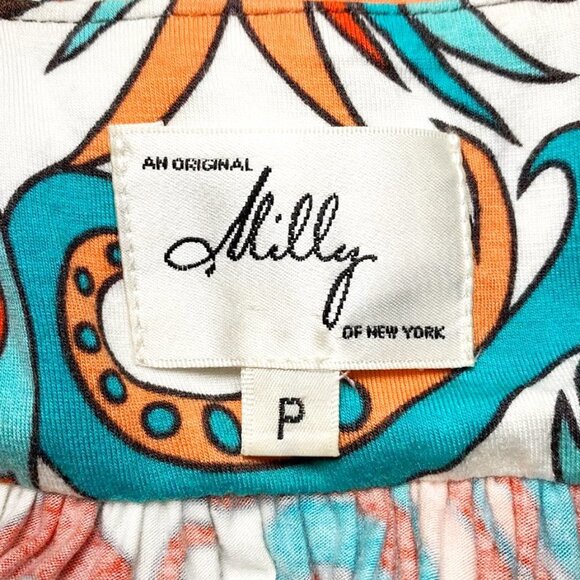 MILLY Multi Color Deep V Stretch Knit Mini Sundress with Wood Ring Detail - Picture 6 of 6